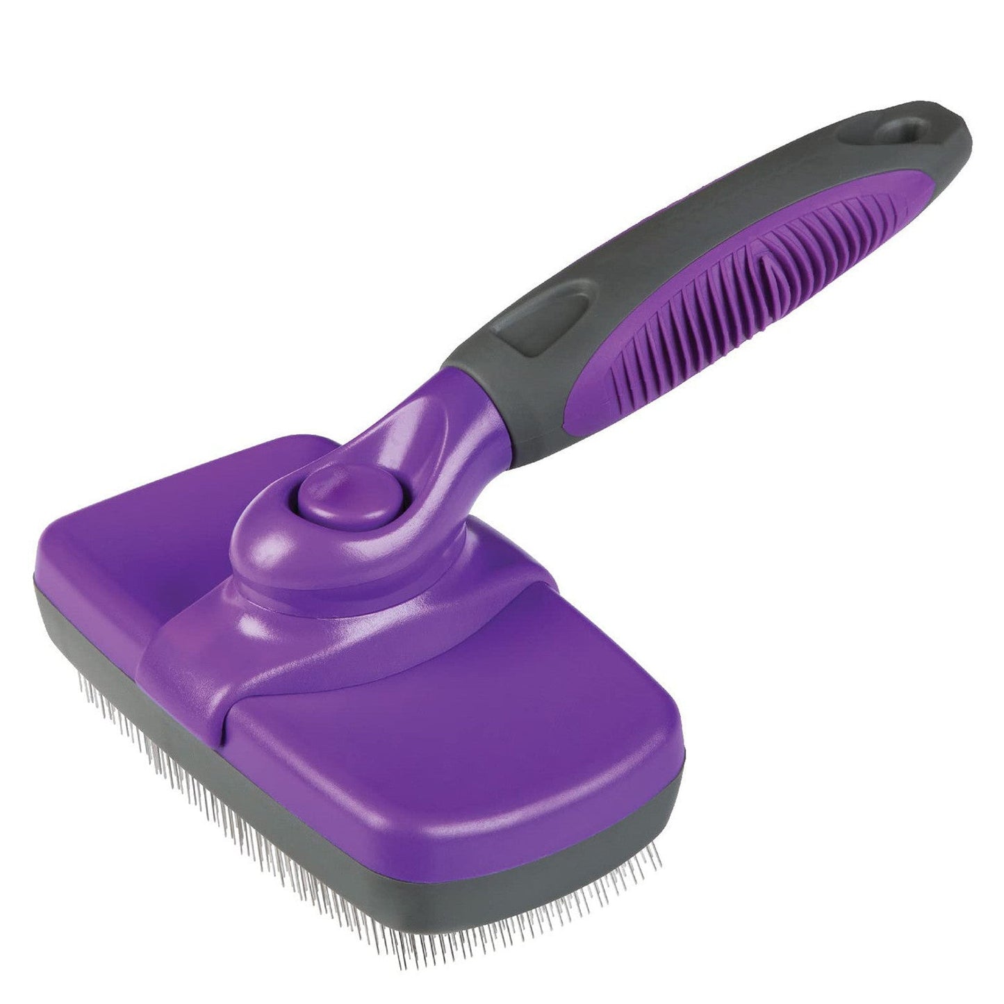 Ergonomic non-slip handle on self-cleaning slicker brush for dogs